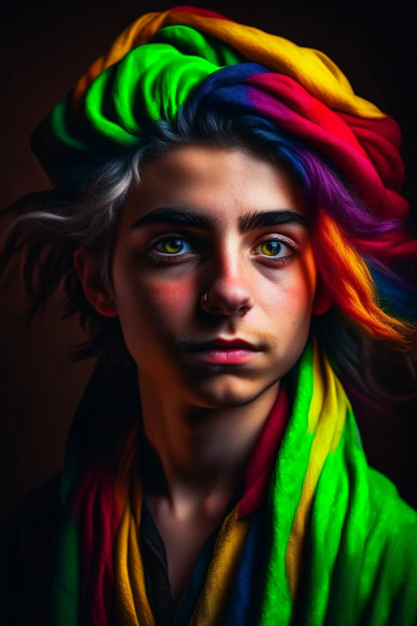 A portrait of a young Elf, a wizard, multicolor hair, Caravaggio style