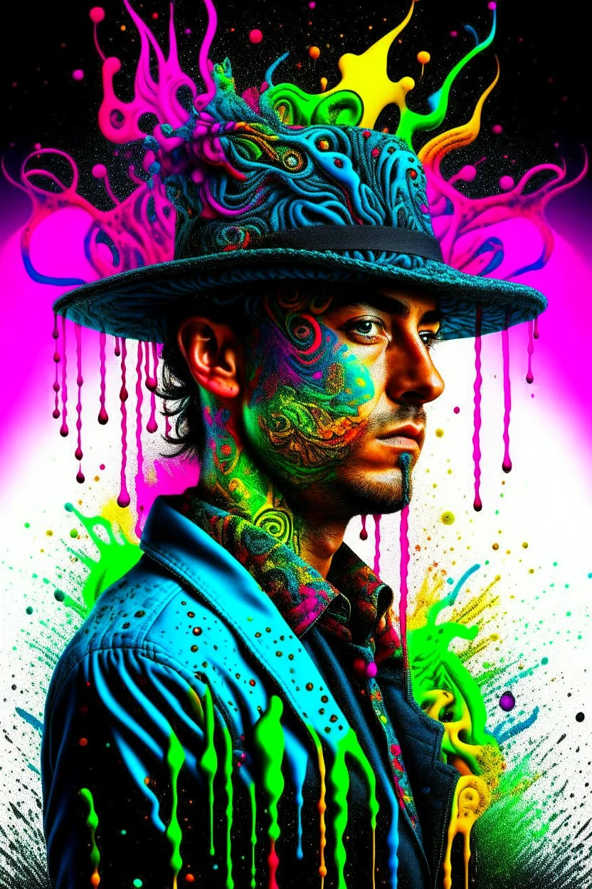 Dynamic ink art by alberto seveso of a full male body ,hat, handsome, wide shot, cyberpunk guns and knives, neon, vines, flying insect, front view, dripping colorful paint, tribalism, gothic, shamanism, cosmic fractals, dystopian, dendritic, artstation: award-winning: professional portrait: atmospheric: commanding: fantastical: clarity: 64k: ultra quality: striking: brilliance: stunning colors: amazing depth, cute colorful lighting (high definition)++, photography, cinematic, detailed character