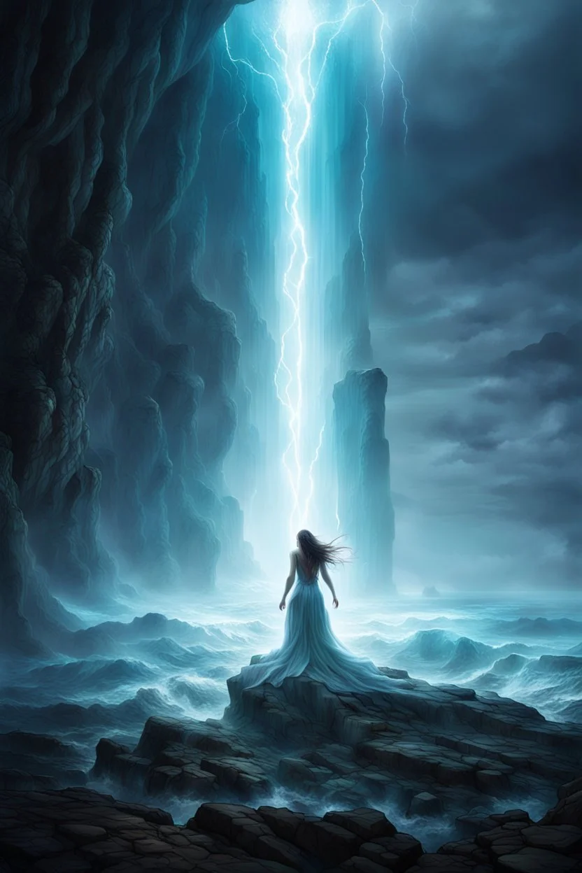 Figure back with etheral aura around, traversing a cleft within the ocean waters cascading by towering sea walls to each side, ambient glow, fantasy lands, cast light defining the rugged textures of the cracked ground, ethereal mystic atmosphere, ultra clear, high detalied, high realistic, perfect sharp focus, hd, perfect photo