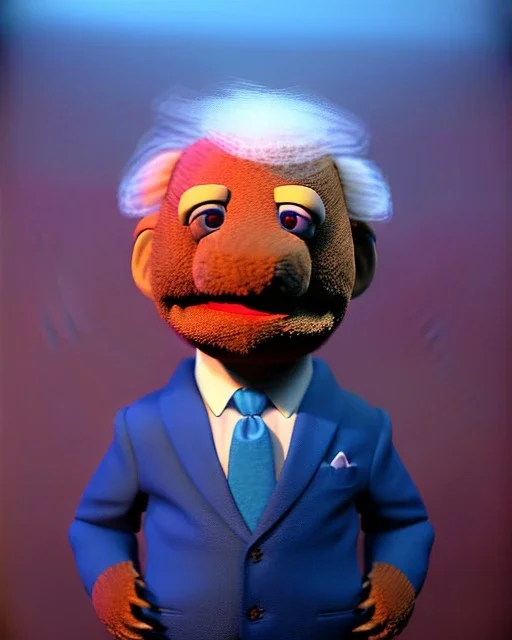 Waist up Portrait, joe Biden as muppet doll, Blue suit retro style, photo studio, city background, unreal engine 5, concept art, art station, god lights, ray tracing, RTX, lumen lighting, ultra detail, volumetric lighting, 3d.