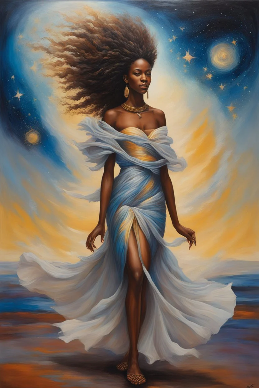 As she walks, her hair flows behind her like a celestial river, adding to the sense of movement and dynamism in the painting. Her presence is captivating, drawing the viewer into her orbit with her magnetic charm and grace. Overall, the painting captures the beauty and majesty of the cosmos, juxtaposed with the strength and resilience of the African female form. It's a celebration of diversity, beauty, and the infinite possibilities that lie within the universe.