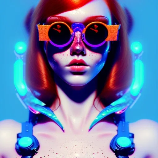 redhead woman teenager, freckles, retro sunglasses, padded coat, retro futuristic, latex dress, gradient color, BLUE, PINK, CYAN, neon, insanely detailed, 16k resolution, perfect eyes, cinematic smooth, intricate detail