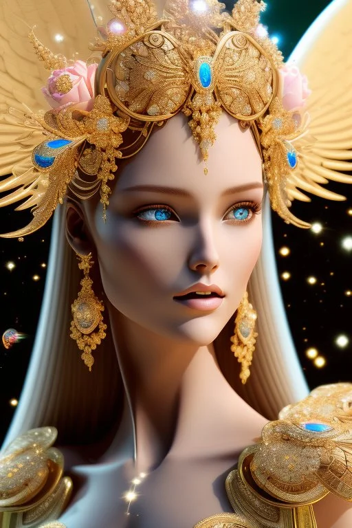 Flower, face,angel, blondie, beautiful place,amazing, cosmic, colors, planet, gold, realistic, photo real, stars night, detailed, high contrast, 8k high definition, unreal engine 5, extremely sharp detail, light effect, light background