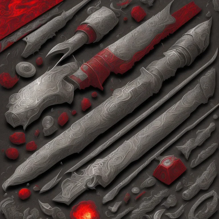 Knight guard far away. Shiny scroll. Weapon. Sharp. Damascus steel. Black. Technical details. Red. Doom dark. Meteorite. Fire.