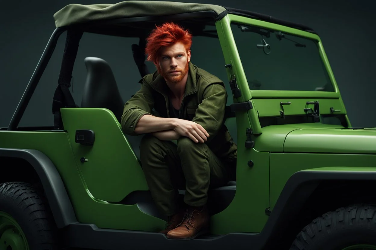 young rough and rugged male photorealistic red hair and green eyes smirking expression sitting in a jeep