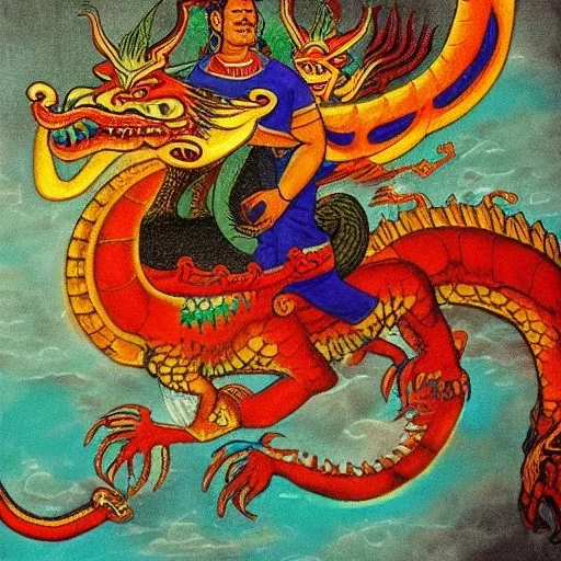 mayan god riding a dragon painting