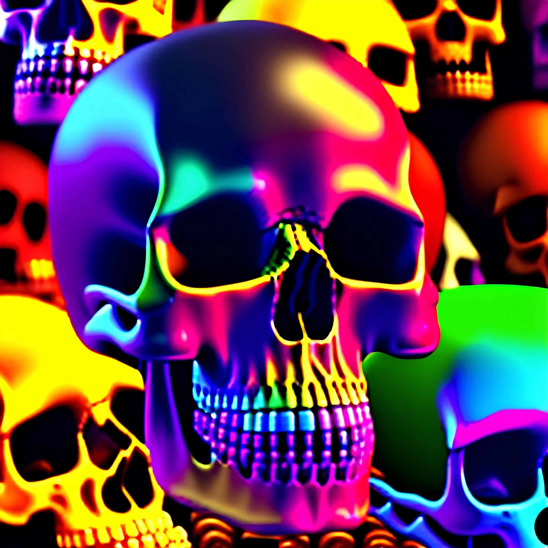 a picture of a dark, comedic, anatomically correct wall of colorful tightly packed stacked skulls of varying sizes and expressions, photo realistic, insanely meticulous, highly detailed, part of a collection of bones on display, 64k, dystopian, vray, cartoonish, cartoon character skulls