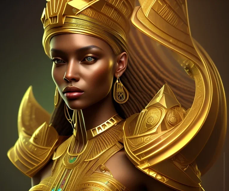 Beautiful brown pharaonic queen, golden and green pharaonic dress, clear, clear features, too many details, 4k, 8k, portrait, 3d, fantasy