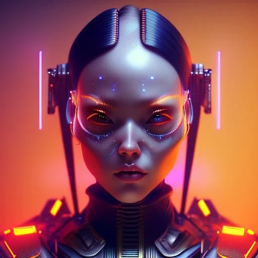 Asían, Cyber Woman, orange short hair, samurai, cyberpunk, neon, highly detailed, art stations, concept art, smooth, unreal engine 5, god rays, ray tracing, RTX, lumen lighting, ultra detail, volumetric lighting, 3d, finely drawn, high definition, high resolution, gradient background