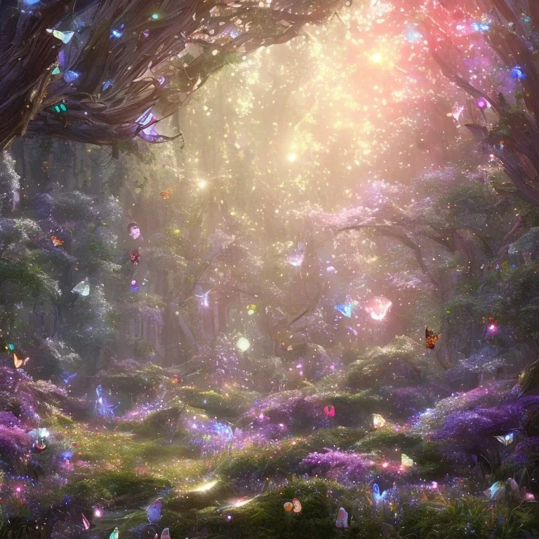 light magical forest with sparkle and jewel butterflies and blue big flowers and pink mushrooms waterfall sky