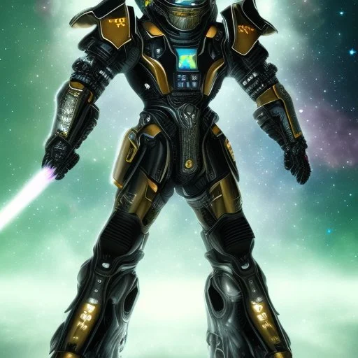 A battle suit made of galaxies and stars with a glove that has seven endless stones Battle armor from the extract of galaxies Battle armor from the extract of galaxies with a fiery sword