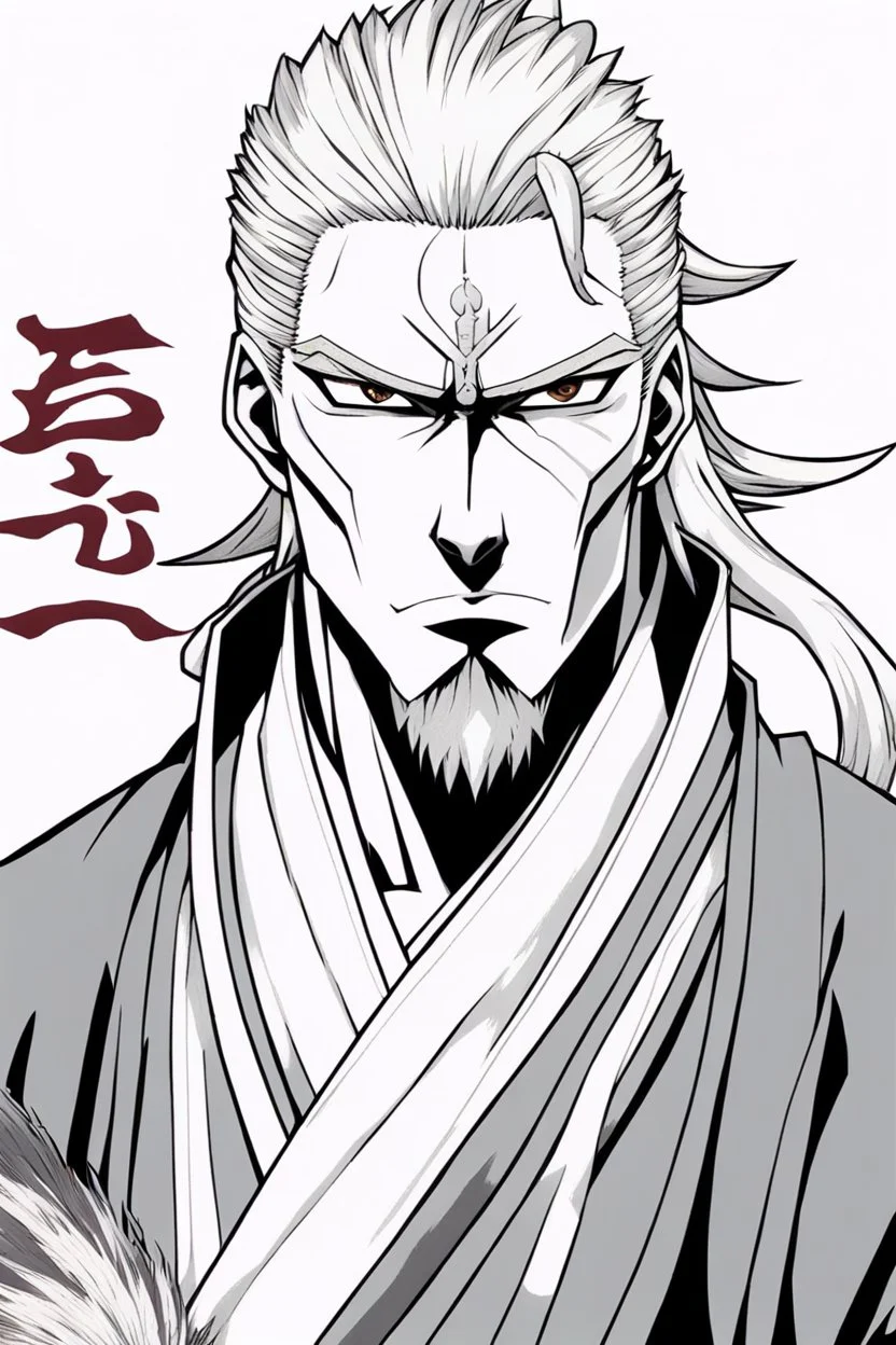 A manga-style portrait of a 35-years old male Shinigami, in the style of "Bleach", tall and muscular, with wild silver-gray hair, steel-colored eyes, and a scar across his left brow and cheek. He wears a tattered captain's haori of the 11th Division, open kimono revealing a dragon claw tattoo on his chest, and metallic claws on his forearms. He smirks defiantly, standing in a dynamic pose with silver reiatsu swirling around him.