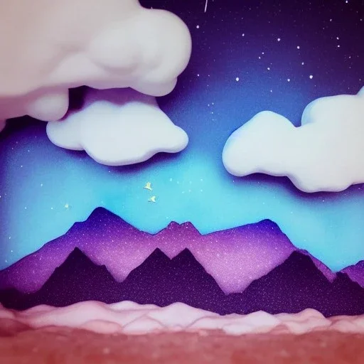 Claymation mountain skyline,Rudolph the red noise reindeer, beautiful, pastel blues and purples, white, aurealis borealis, night, claymation moon, clouds