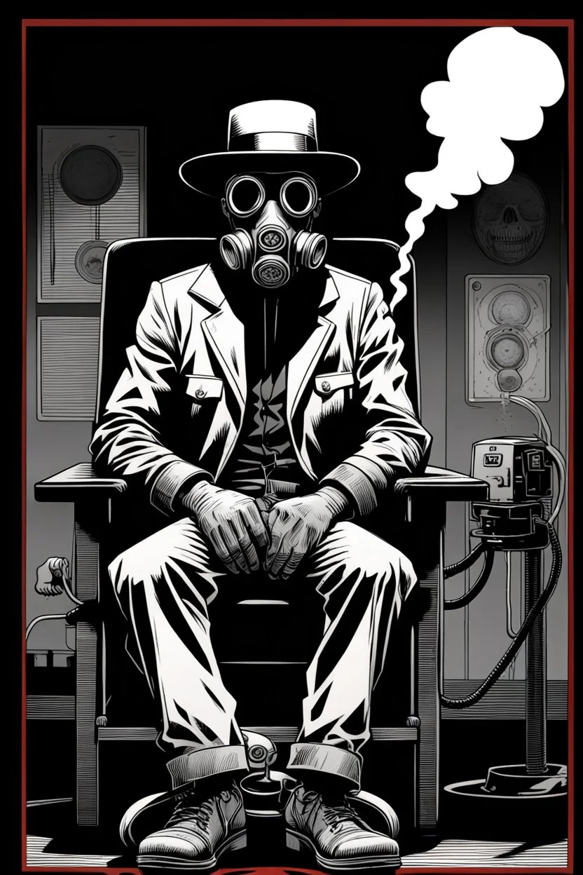 man with hat (wide and flat brim and a flat top) shading face, wearing a gas-mask, standing next to an electric-chair, vignette, black and white graphic novel style with a red outline on black background, gothic horror