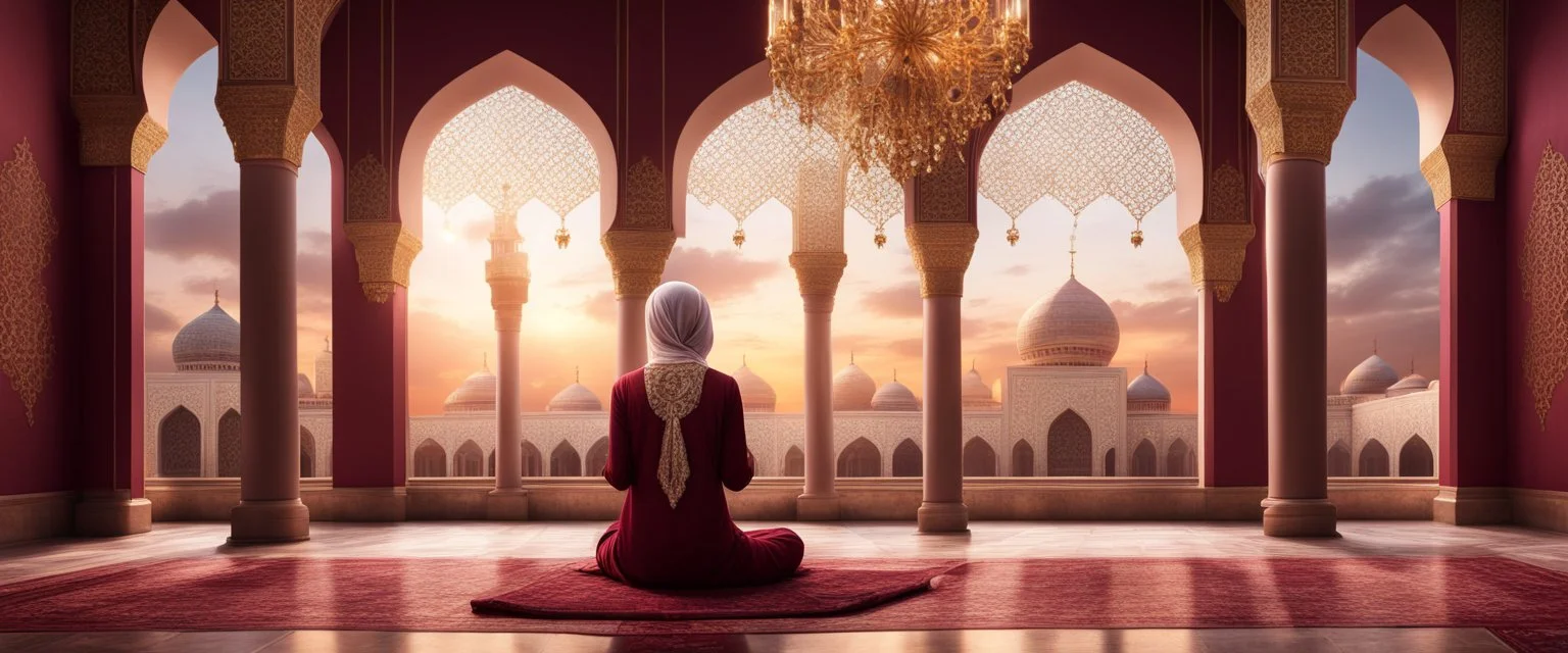 Hyper Realistic Photographic Back View Of A Fully Covered Muslim Young Woman Praying Inside a Beautifully Crafted Mosque With Maroon Wall And Golden Floral Patterns On It, And White Pillars With Maroon Floral Patterns On It, And A Beautiful Chandelier At BEautiful Cloudy Sunset View From Outside Mosque Window Showing Dramatic And Cinematic Ambiance.