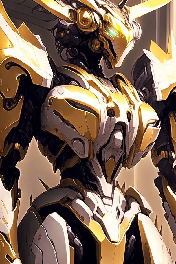 a close up of a gandam robot in a building, concept art of omegamon, arasaka mech, from arknights, intricate assasin mecha armor, mecha art, mecha anime, barbatos mobile suit, the golden humanoid robot, anime mech armor, modern mecha anime, beautiful gold saint, mecha, cgsociety 9