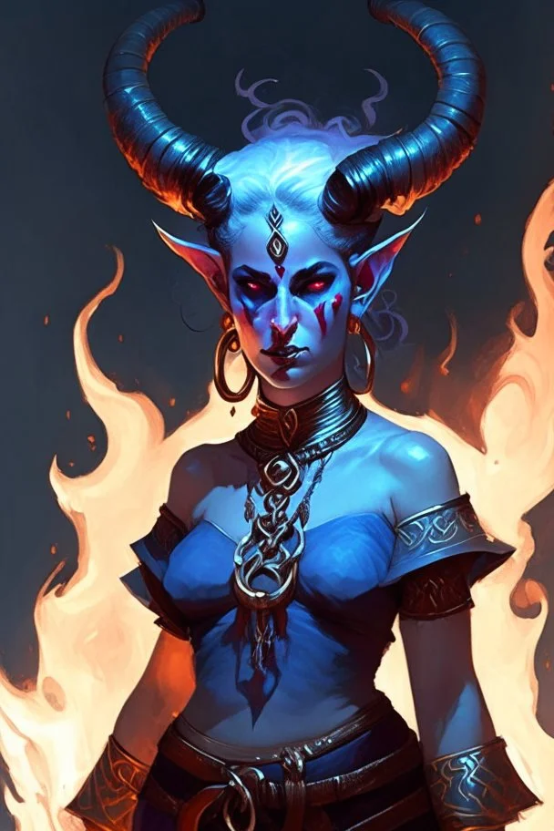 A full body image of this tiefling woman she has fire powers, she is floating she has lots of jewelry and the horns of a ram