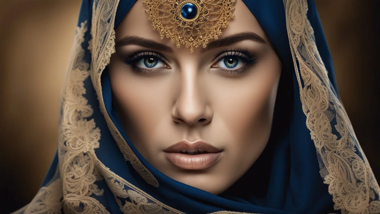 portait of a woman with striking golden-brown eyes, which are partially concealed by a dark blue headscarf. Her shyly looking into the camera. The combination of her lace headscarf, beautiful eyes and the fine lace of her face veil creates an intriguing and visually appealing scene, highly detailed, high contrast, perfect lights, masterpiece