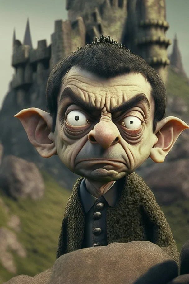 mr bean as goblin kid is stone castle, 4 k, trending art, depth of field