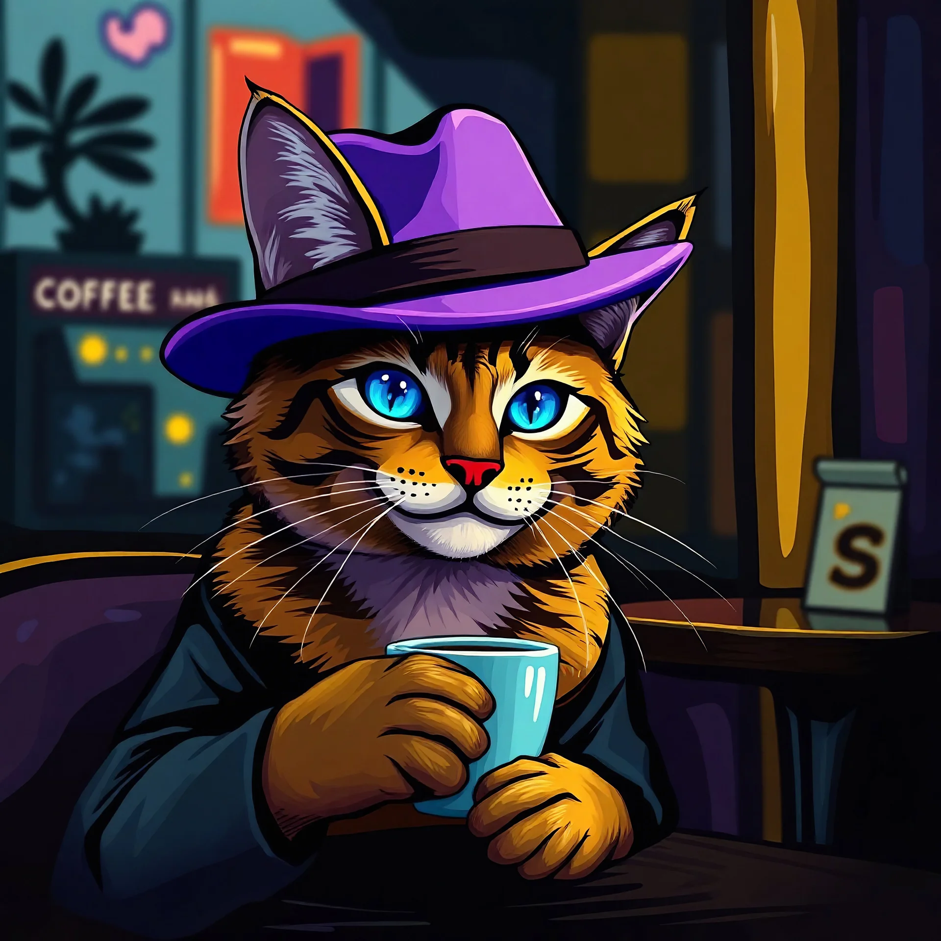 smiling cyberpunk cat in purple bowler hat with blue cyber eye sitting in cafe drinking coffee, image in Pablo Picasso style