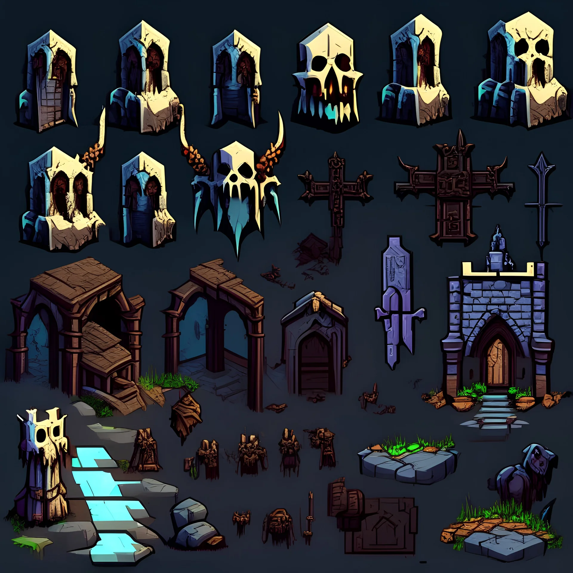 sprite sheet, 2D art, top down assets for a post-apocalyptic dungeon crawler, underground, churches, fighting demons