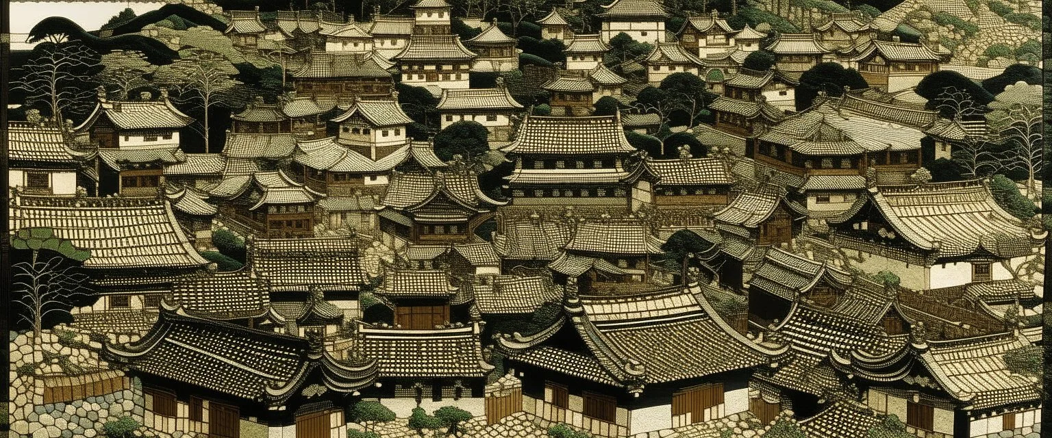 A dark brownish black Japanese village with a palace designed in ancient Roman mosaics painted by Rita Angus