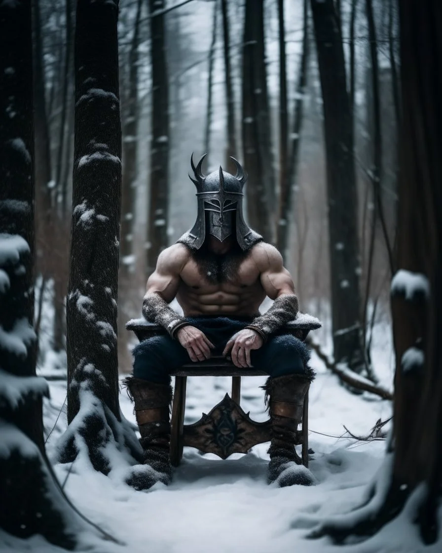 man sitting on a throne in a middle of a snowy forest, muscular athletic physique, wearing a ancient iron helmet over face,