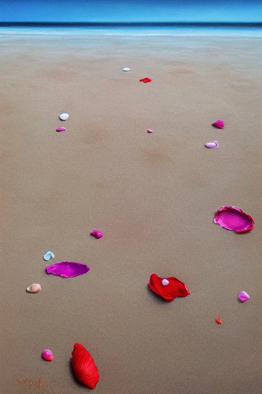 Human footprints, shells and flower petals scattered in the sand on the beach Hyper realistic, oil on canvas award winning fantastic view ultra detailed acrylic art Ultra realistic Impressionism Surrealism simen johan, sharp focus intricate oil on canvas cinematic lighting photorealistic high detail ultra detailed crisp quality colourful in sunshine