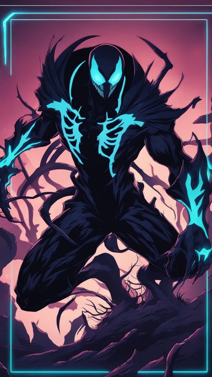 Mix between venom symbiote and Reaper in solo leveling shadow style with neon glowing blue