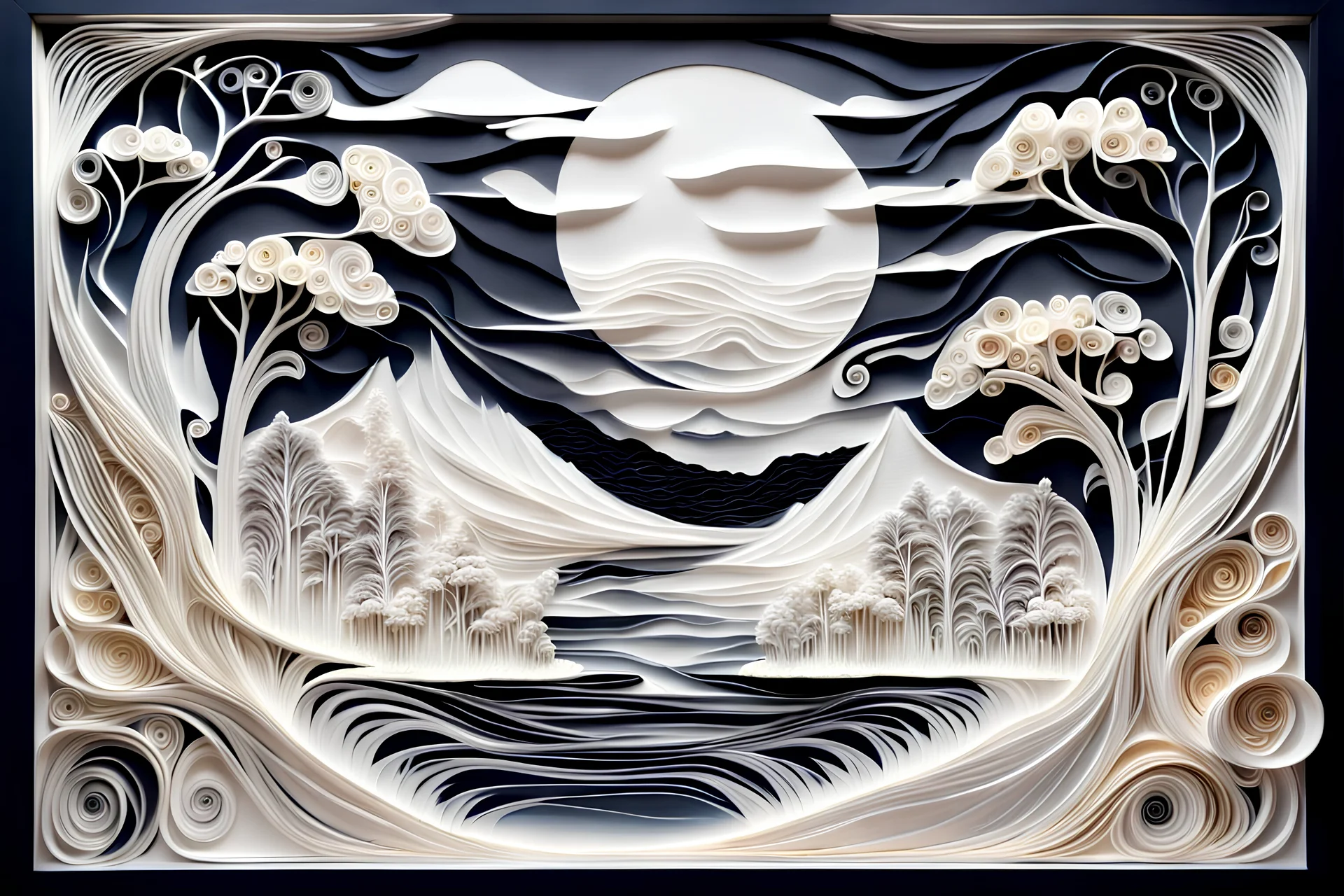 Beautiful white and dark quilled textured landscape. Surrealism, futuristic, aesthetic - full view no frame elegant extremely detailed fantasy intricate very attractive fantastic view crisp quality Picasso water colour John James Audubon