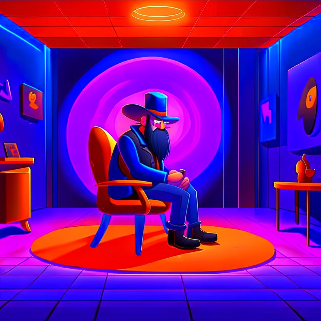 In a futuristic room, designed in a Pixar Disney style, a undertaker with a long beard is sitting on a chair. The floor has asu b tle shadow, adding depth to the image. The chair is placed at the center of the room, and the guy is dressed in stylish Easy rider fashion, including a cool hat. The entire picture exudes a creative and entertaining atmosphere, as Avatar