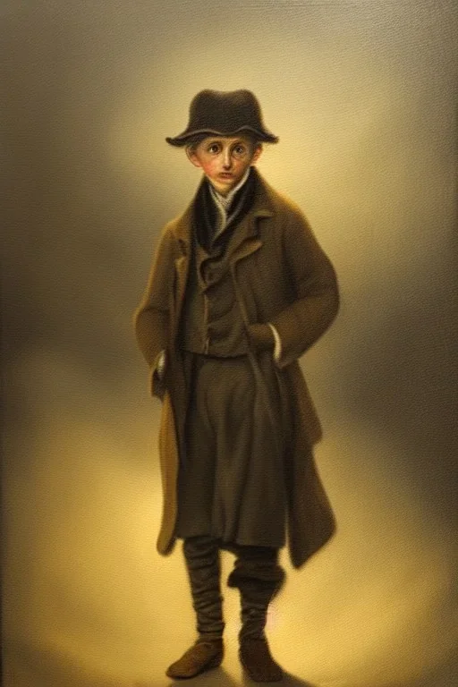 photorealistic oil painting of oliver twist, 1800s clothes, atmospheric lighting from street lamp, foggy morning