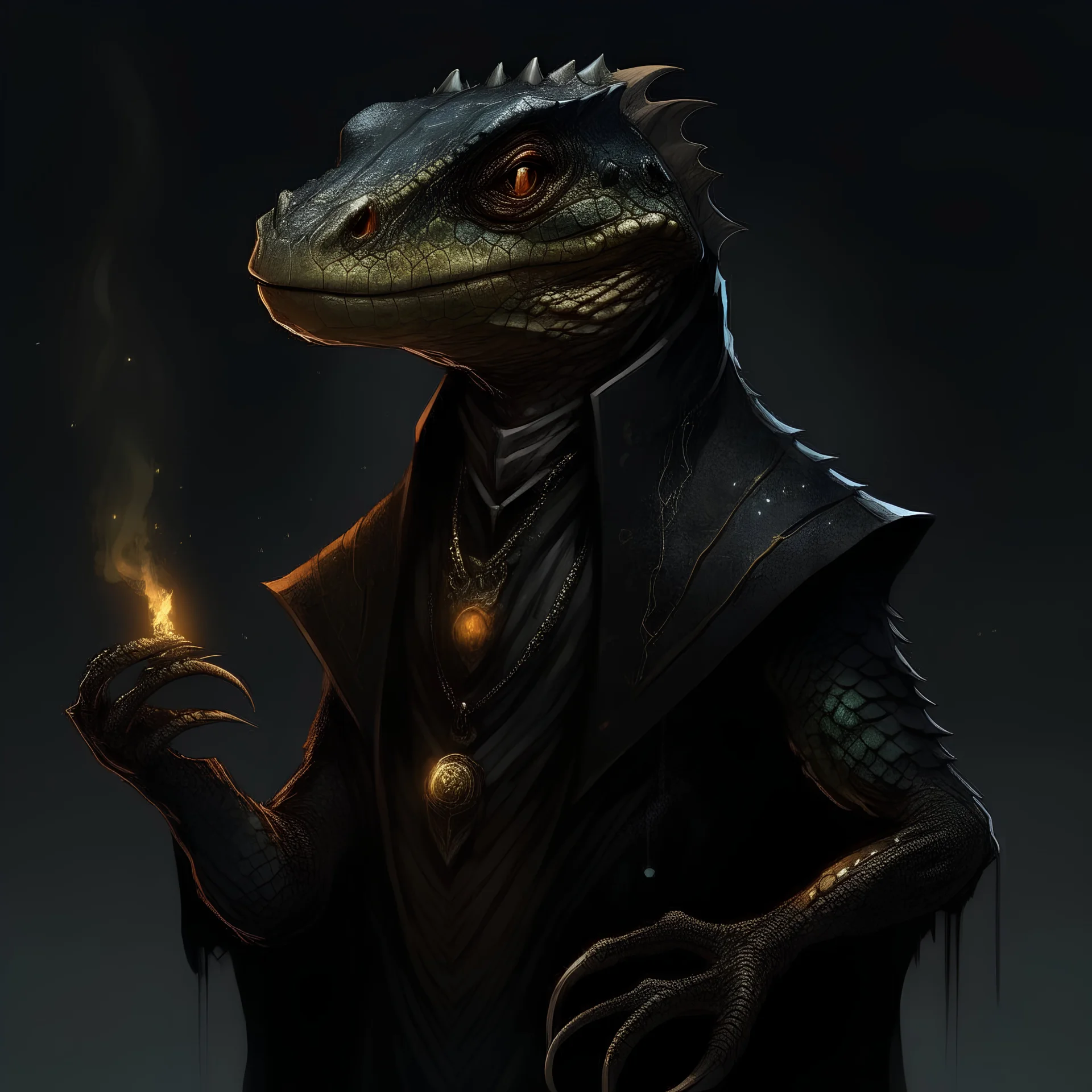 Black scaled anthropomorphic lizard warlock, fantasy, digital art
