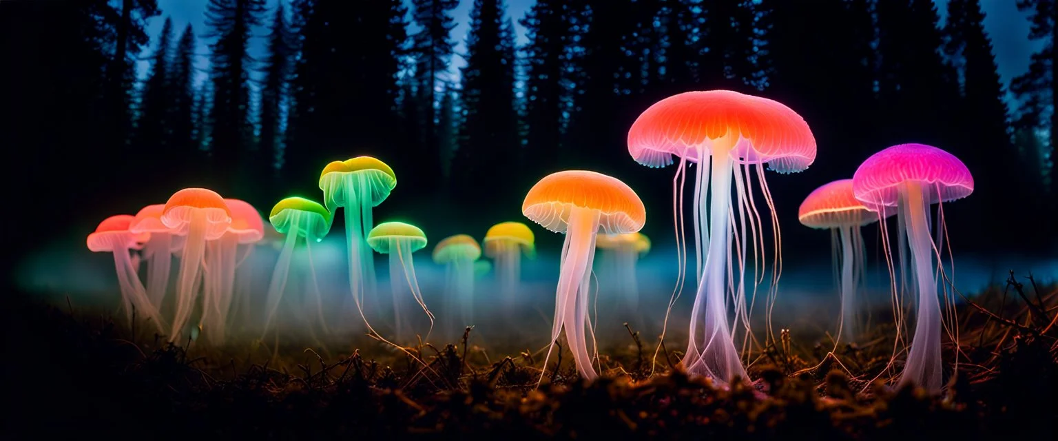 microscope bio luminous Rainbow floating JellyFish Fungus, fungal, light floating in a forest, mist, light trails, nighttime,long exposure, Treeline, Alberta, scientist, Dystopian, Hyper detailed, Realistic, Extreme depth of field, bokeh blur, Alberta all-natural, National Geographic, in the style of candid, imperfection, natural lighting, cinematic, Fuji Film, Anamorphic lens, 2040s, --ar 4:5 --w 150 --style raw