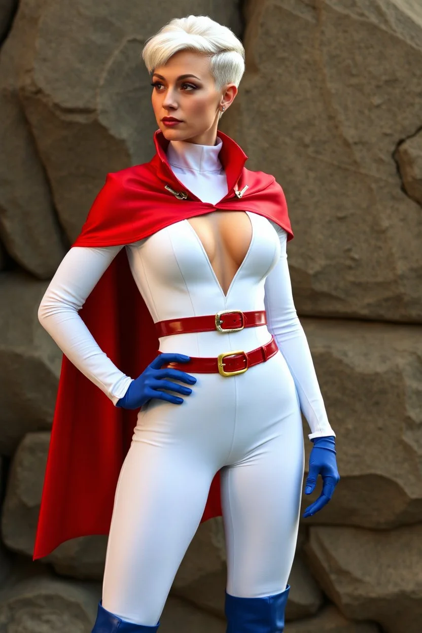 platinum blonde headed Karen Starr, crew cut style platinum bleach-blonde hair fade cut on the sides and back, wearing an extremely, extra short, skintight, formfitting long-sleeved, white bodysuit with a high collar and a plunging neckline, blue elbow-length gloves, a red belt with a gold buckle, a red collerless cape, knee-high blue boots