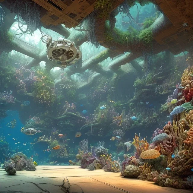 a gorgeous, stunning underwater room with glass wall, livingroom, dark wood floor, foliage, ocean marine life, 8k resolution, high-quality, fine-detail, iridescent, intricate, digital art, detailed matte, volumetric lighting, illustration, 3D octane render, brian froud, howard lyon, selina french, anna dittmann, annie stokes, lisa parker, greg rutowski, George Grie, Ben Goossens, Igor Morski