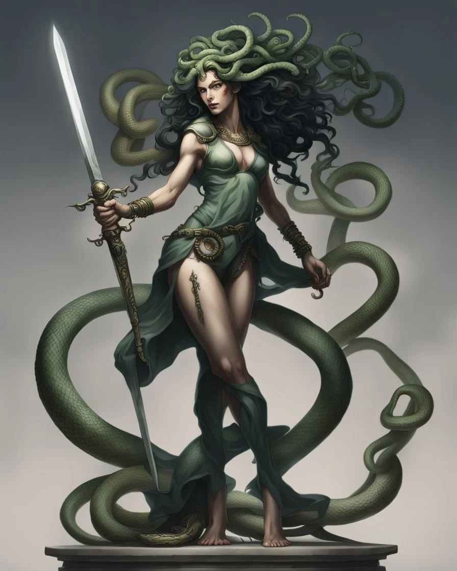 detailed persona, female, sword in hand, gorgon medusa, half turn, full height, leans on one leg, snakes on the head instead of hair