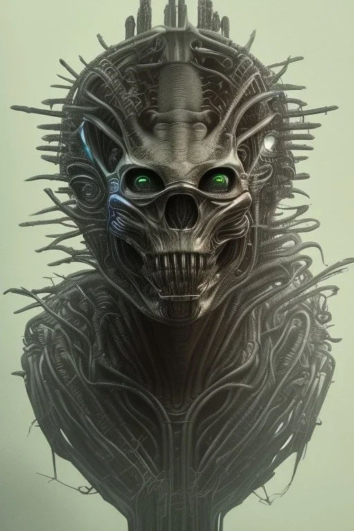 evil predator with crown, alien, brutal face, tron, head, burn eyes, 8k, finely detailed, dark light, photo realistic, hr giger, cyberpunk