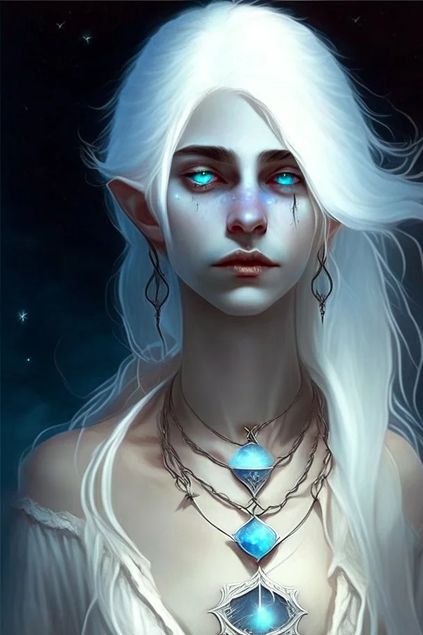 hauntingly beautiful character for dnd, young woman with white hair and blue eyes, angel, with moon necklace, vampire