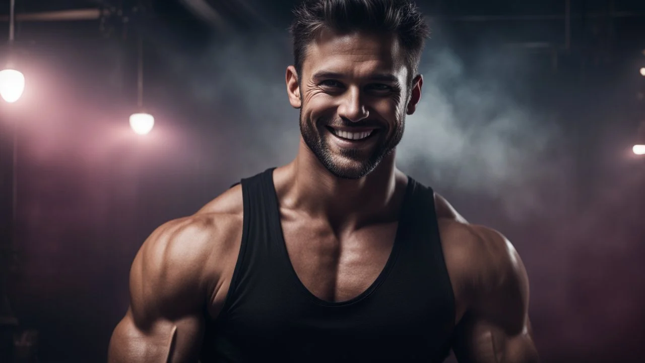 Hyper Realistic handsome muscular man in black-tank-top giving ATTRACTIVE-SMILE in a dark gym full of maroon-fog at night showing dramatic & cinematic ambiance