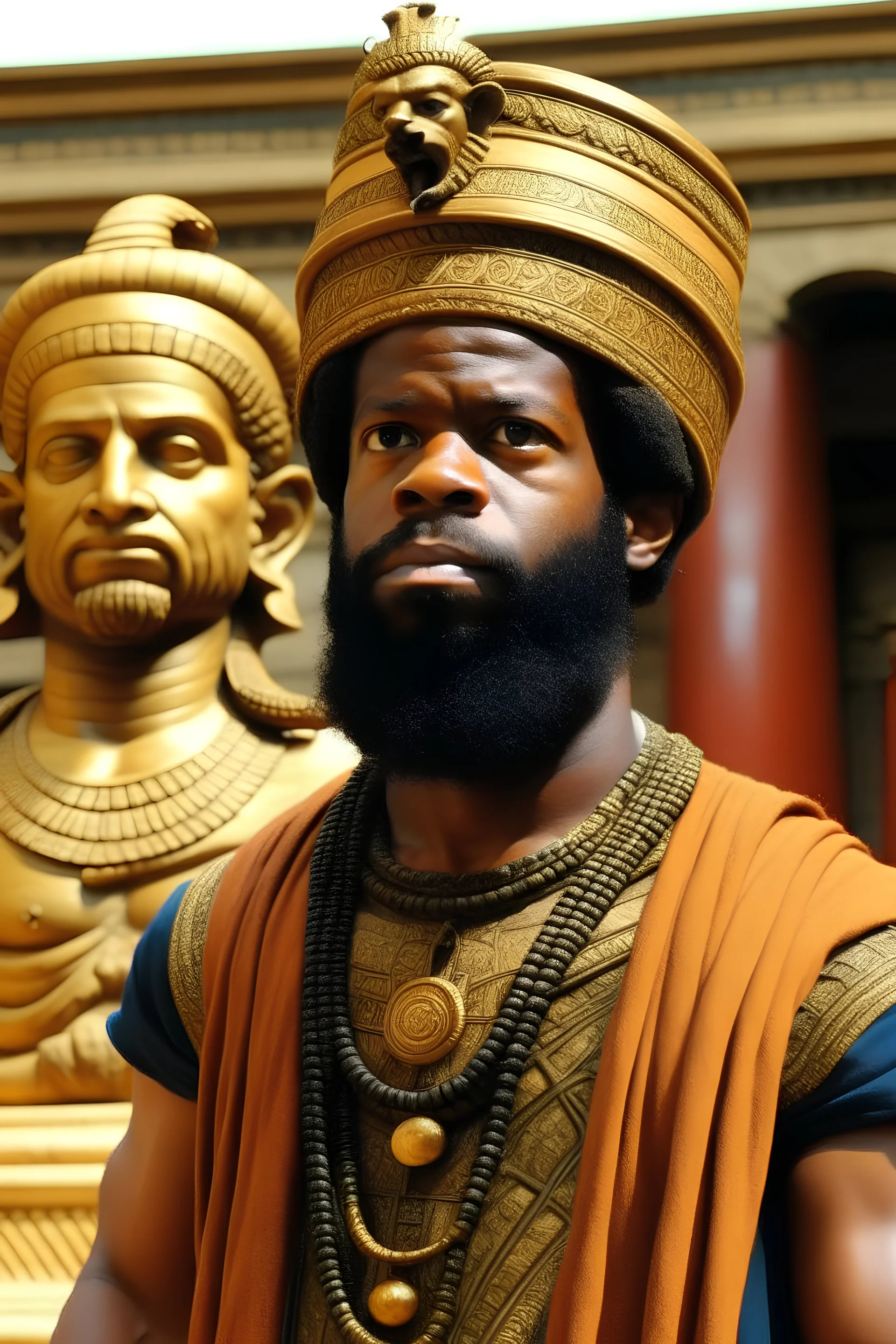 show me a picture of daniel a black man with a beard and afro with african features in ancient babylon refusing to bow before a statue