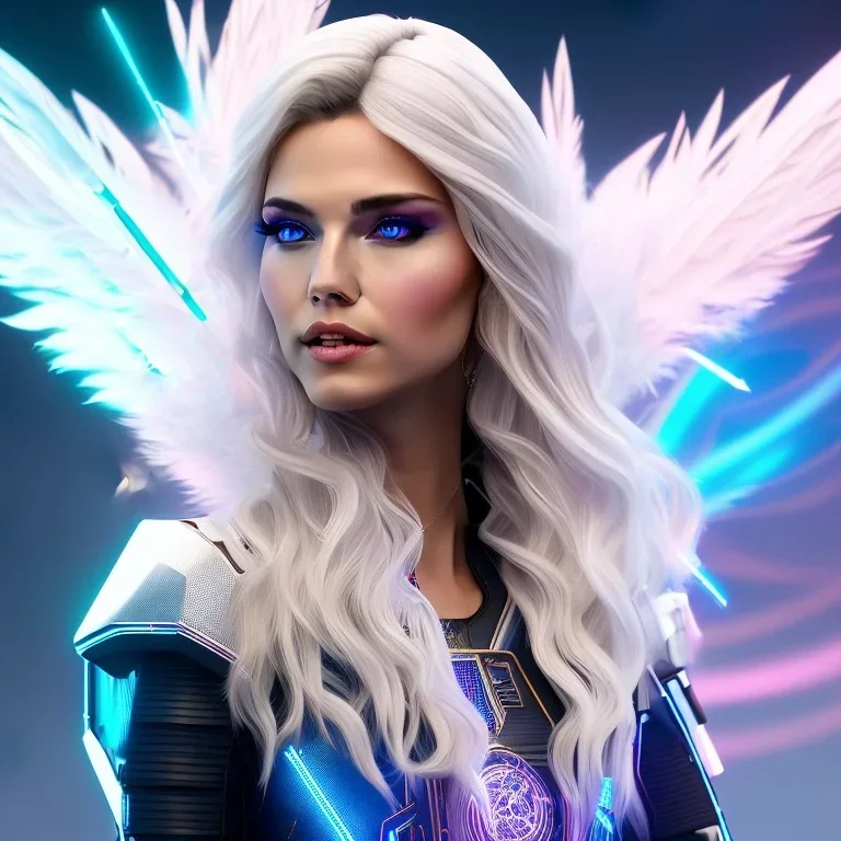 A beautiful portrait of a cute smiling cyberpunk woman with wings, long blond haire, high key lighting, volumetric light high details with white stripes and feathers and blue celtic paterns and luminous glasses in a starry background