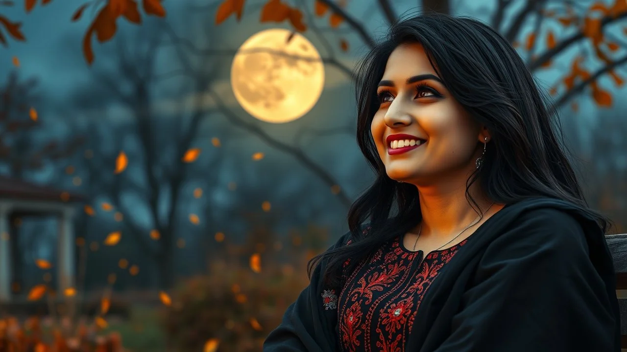 Hyper Realistic Photographic Close Face Shot Of A Beautiful Pashto Woman With Beautiful Black Hair Wearing A Black With Silver Red Embroidery Dress And Black Dupatta, Happily Looking At Full Moon Sitting On A Bench And Enjoying Beautiful Full Moon In A Beautiful Garden With Orange Dry Leaves Falling From Trees In Autumn Season At Cloudy Night With Fireflies Around Her Showing Dramatic And Cinematic Ambiance.