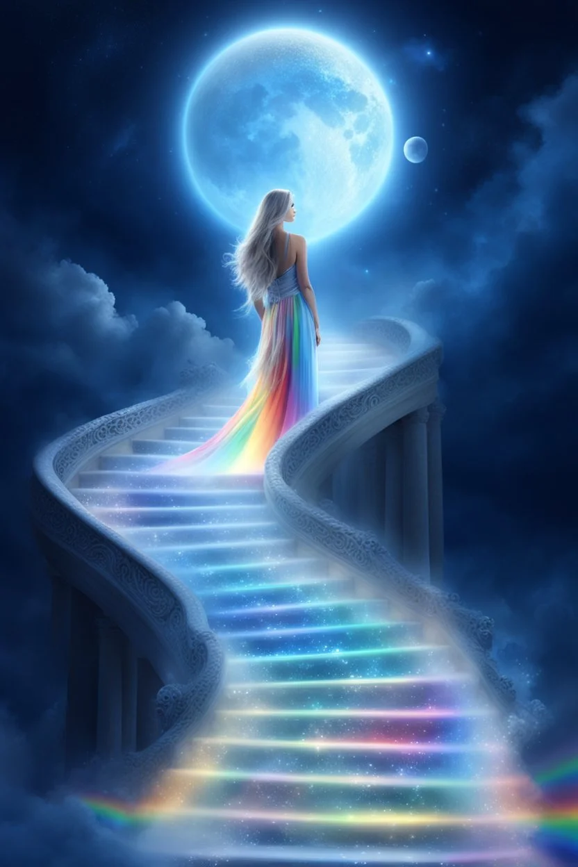 fantastic,Beautiful woman, stairway to heaven whit rainbow and ufos