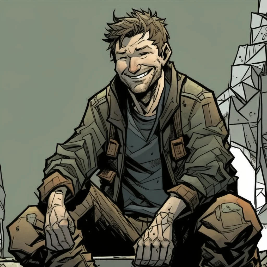 man, ethan hawk, sitting, smiling, comic book, post-apocalypse, grey background, illustration,