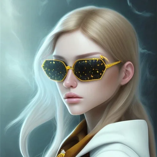 Girl with long wavy brown blond hair and yellow hawk eyes. Wears Hogwarts Hufflepuff uniform and sunglasses with a yellow clip.