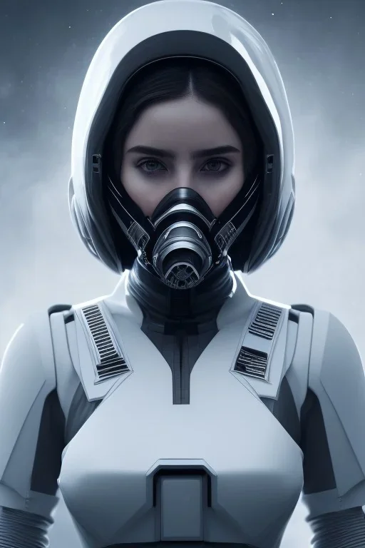 Ana de Armas, identical features, Black intergalactic pilot suit, portrait, bright white eyes, wearing high tech pilot breathing mask, beautiful face, white smoke, dark, rage, sorrow, high definition, ultra 8 k, volumetric lighting, blue fire, fog