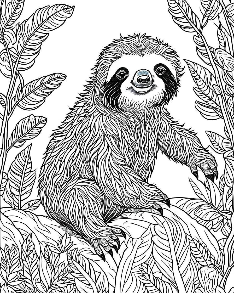 Cartoon outline, Sloth full body, coloring pages, forest backwound no color, highly detailed, black and white, white background, highly detailed