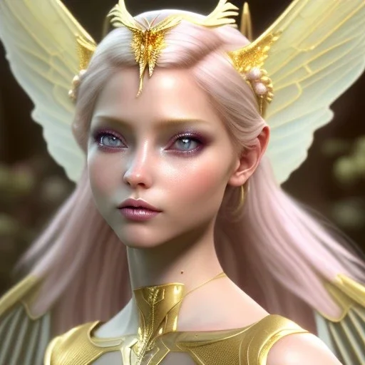 beautiful fairy very etheric, nice smiling, long blond hair, magic glamour pink make up, delicate colors, complete vision of very transparent golden and big wings, beautiful glamour transparent golden dress, ultra sharp focus, 8k, unreal engine 5, extremely sharp detail, light effect, soft light atmosphere, smooth, full of details, face in front, complete vision of face and hair and of the body