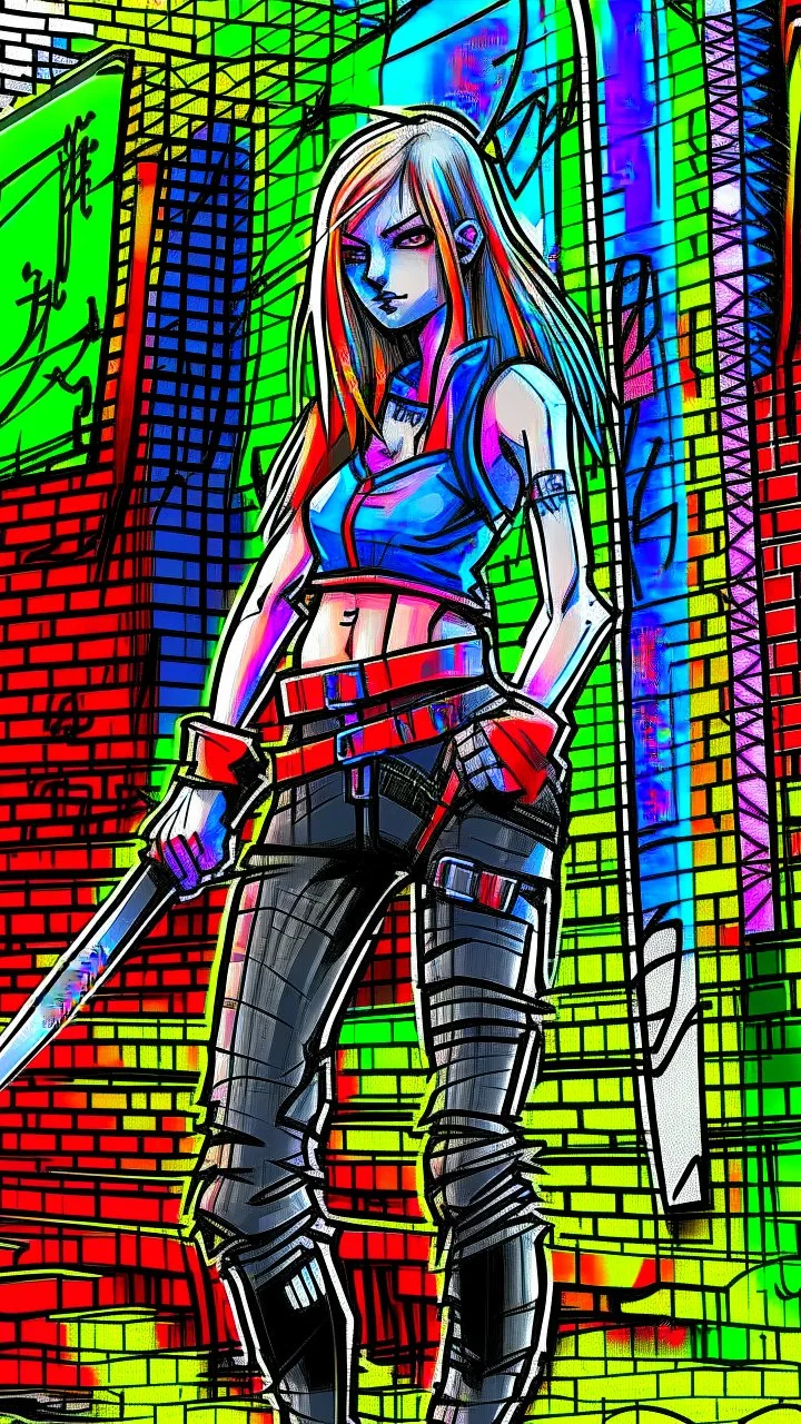 teen woman in retro-futurist cyberpunk costuming with pants and sheathed swords leaning to the side with shoulder against a brick pillar, add a background of brick with graffiti of a large arrow pointing to the right and text of the word "PUB" on lower left